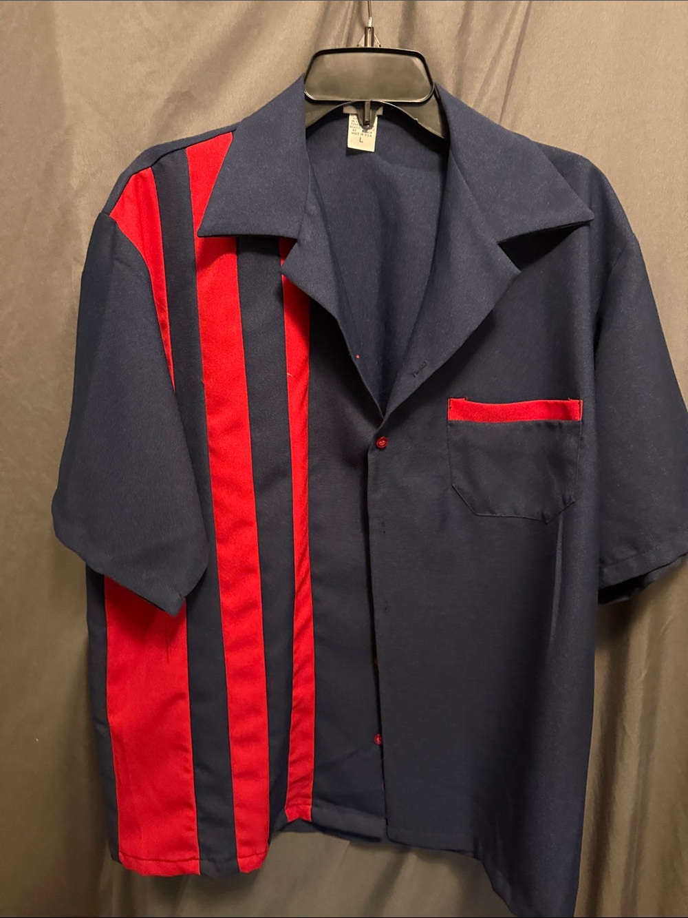 Men's Navy Short-Sleeve Bowling Shirt with Red Stripe Accents